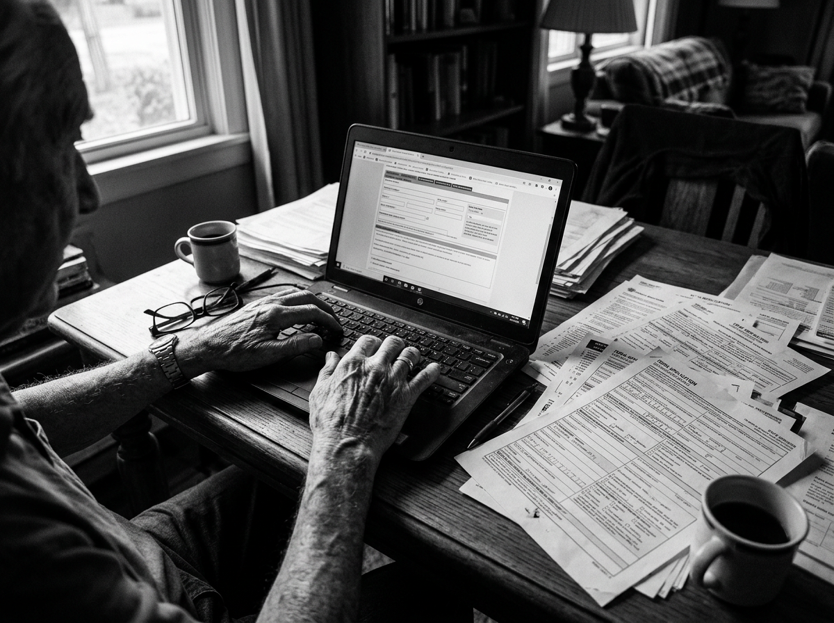 An older man typing into a long government web form, surrounded by printed paperwork