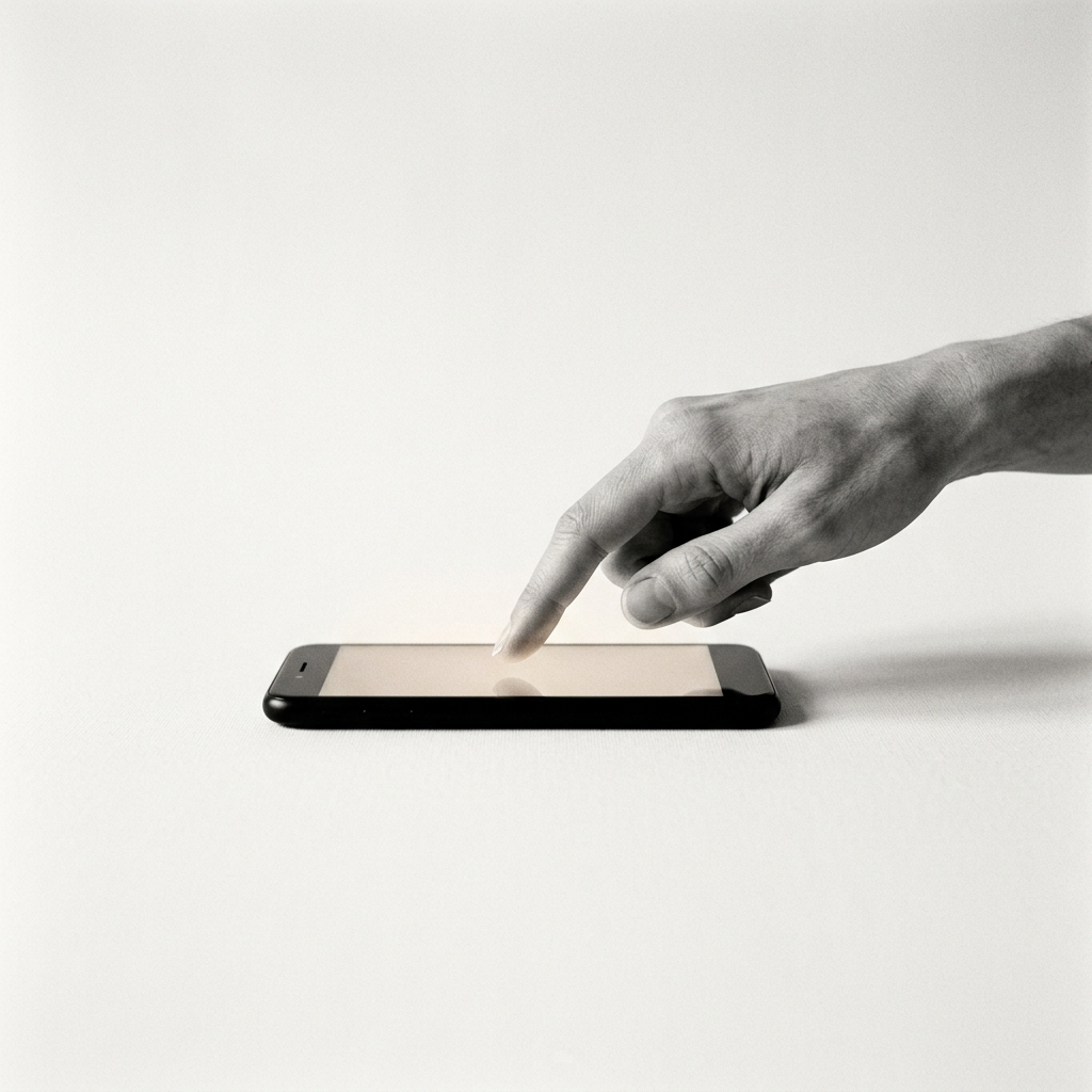 A finger hovering just above a phone screen, a moment before tapping