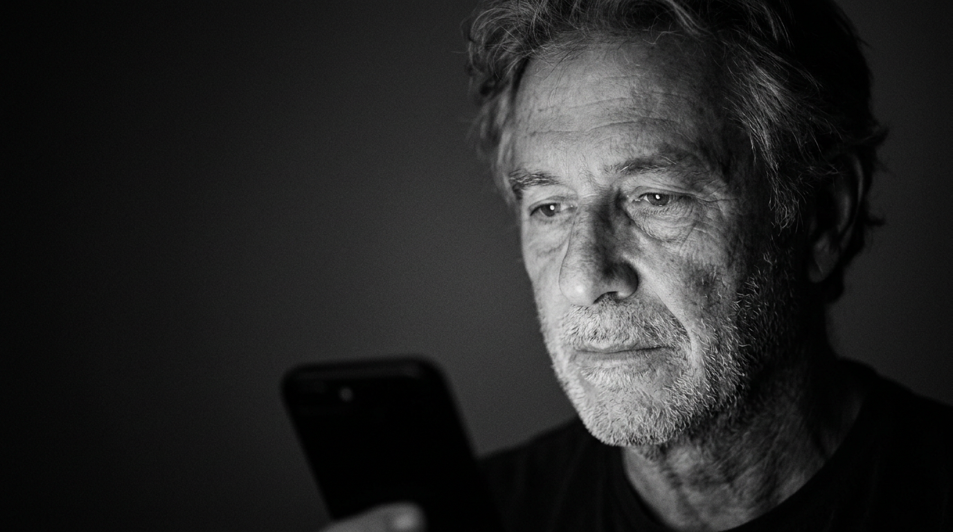 A man's face lit by his phone screen as he considers a decision